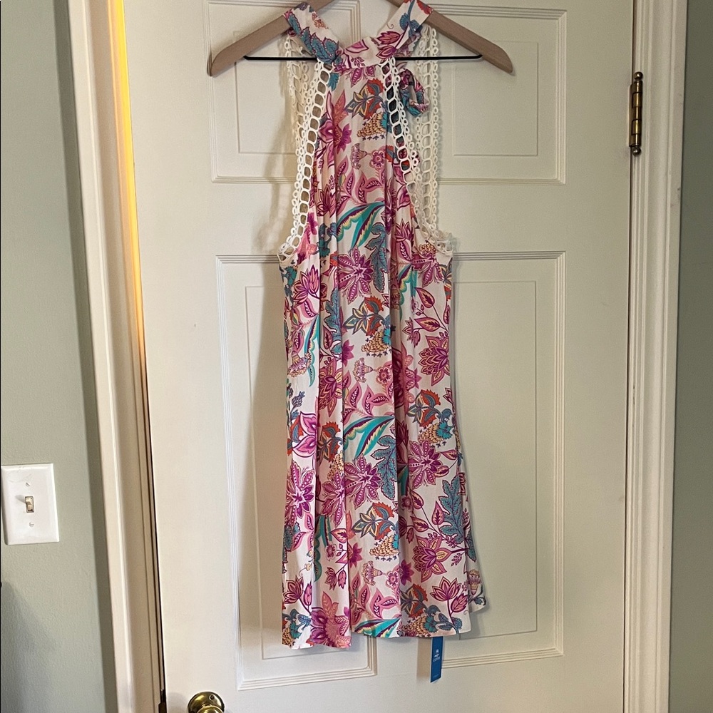 Cupshe Floral Mini Halter Dress - Pink and Blue with Lace Trim. Sz M. Brand new